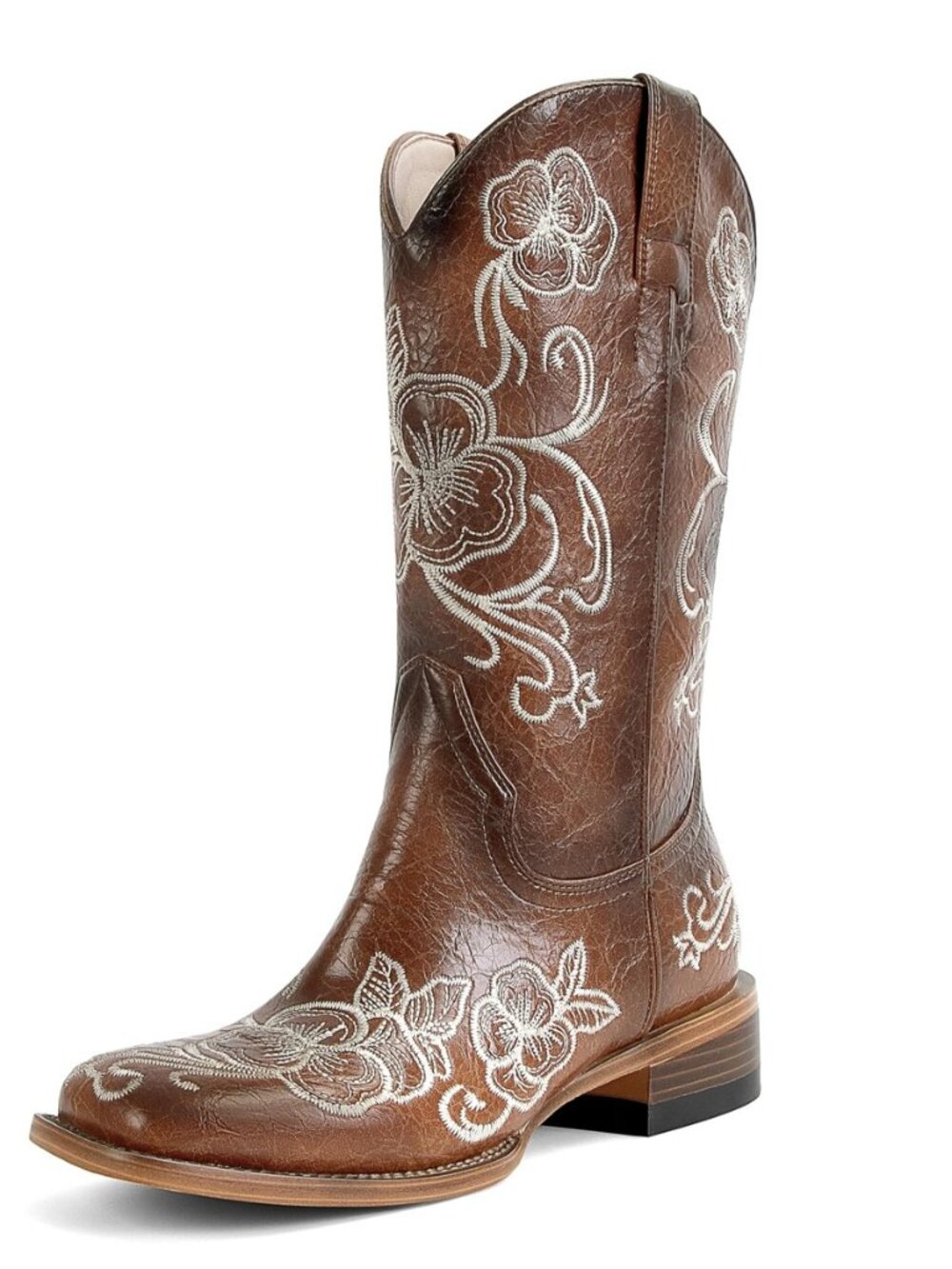 Cowboy Boots For Women Floral Embroidered Western Boots with Chunky Heel Mid